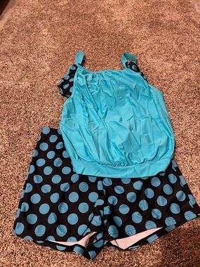 Turquoise & Black Polka Dot woman’s Swim Set - Tankini Top and Swim Shorts